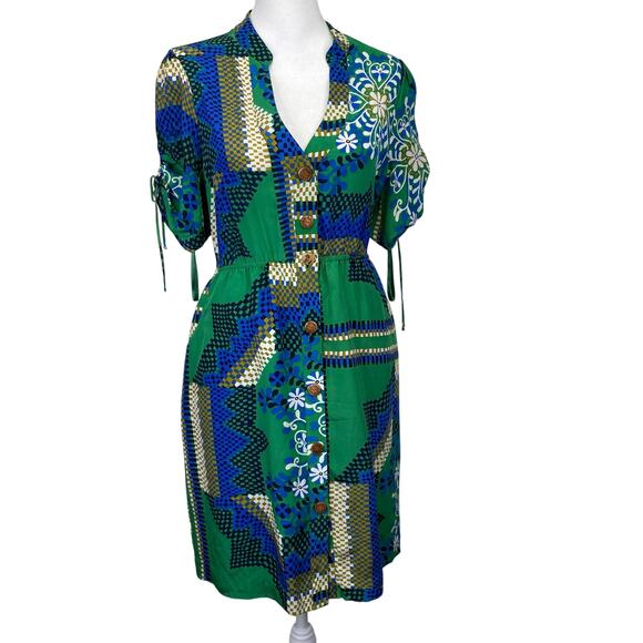 Anthropologie MOULINETTE SOEURS Silk Dress Green Blue Rainforest Morning Sz 2 - Picture 1 of 12